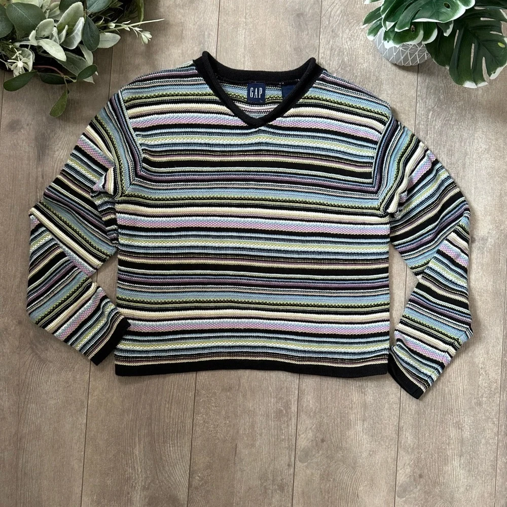 Vintage 90s GAP Girls Striped Heavy Cotton Sweater Size Medium